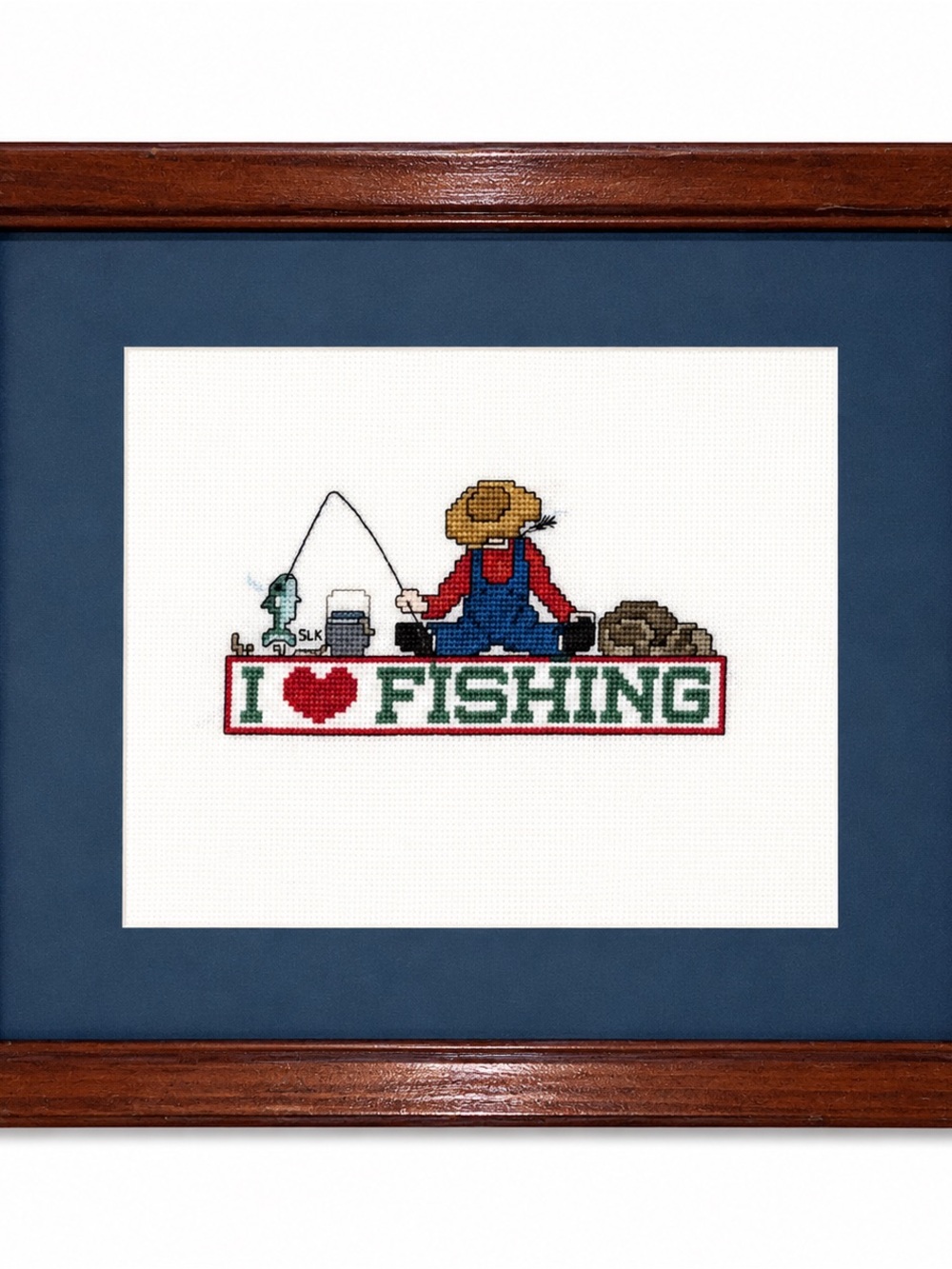 Source Unknown Framed I ♥ Fishing Cross-Stitch with Blue Mat